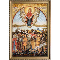 Ікона Богородиці Воїнська (Покровителька українських воїнів) - ікона з бурштину (ар-498)