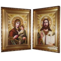 Венчальная пара янтарных икон Спаситель и Божья Матерь (арп-02)