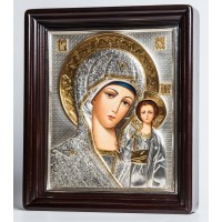 Икона Казанская Божья Матерь в окладе с серебром и позолотой, писаная икона (Хм-19)