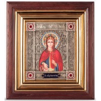 Икона Святая Екатерина - именная икона с серебром, в дубовом киоте (юл-38)