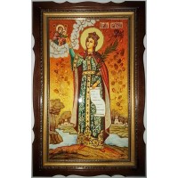Икона Святая Екатерина - янтарная икона ручной работы, в киоте (ар-22/1)