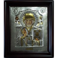 Икона Святитель Николай Чудотворец - писаная икона, с серебром (хм-75)