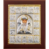 Ікона Святого Миколи Чудотворця з святами - ікона з сріблом (EKL12-009)