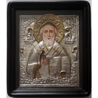Икона Святой Николай Чудотворец - писаная икона, с серебром (хм-59)