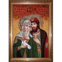 Ікона Святих Петра та Февронії, покровителів сім'ї – красива ікона з бурштином 40х60 см (ар-395)