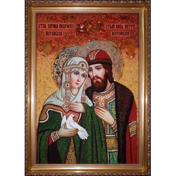Икона Святых Петра и Февронии, покровителей семьи - красивая икона с янтарем 40х60 см (ар-395)