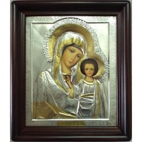 Казанская икона в окладе с серебром и позолотой, писаная икона (Хм-68)