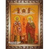 Киприан и Иустина (Иустинья) - красочная икона, ручная работа из янтаря (ар-128)