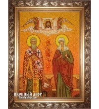 Киприан и Иустина (Иустинья) - красочная икона, ручная работа из янтаря (ар-128)
