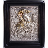 Писаная икона с серебром и позолотой Чудо Георгия о змие (Хм-45)