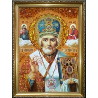 Святой Николай Чудотворец - Икона из янтаря, ручная работа (ар-16/1)