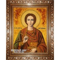 Святий Пантелеймон-цілитель - Ікона ручної роботи з бурштину (ар-41)