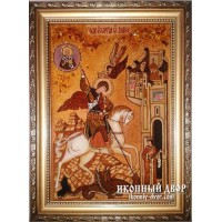 Святой великомученик Георгий Победоносец - Икона из янтаря, ручной работы (ар-53)