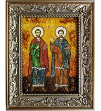 Святые мученики Косма и Дамиан - икона из янтаря (ар-324)