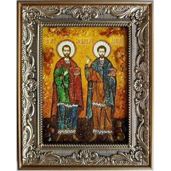 Святые мученики Косма и Дамиан - икона из янтаря (ар-324)