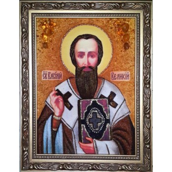 Василий Великий - икона из янтаря, ручная работа (ар-263)