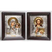 Венчальные иконы Божья Матерь Казанская и Господь Вседержитель - писаные иконы с серебром (Хм-49)