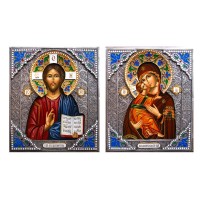 Владимирская Божья Матерь и Господь Вседержитель - писаные иконы в красивом окладе с серебром (Гр-44)